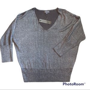 COLD SHOULDER SWEATER TOP V NECK METALIC GRAY 3/4 SLEEVES